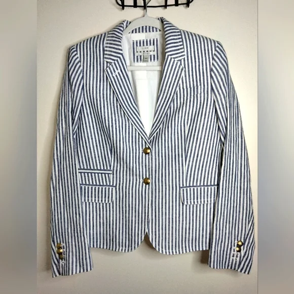 J. Crew (Size 12) Blue & White Linen Classic Striped Schoolboy Blazer (Like New) - Picture 1 of 16
